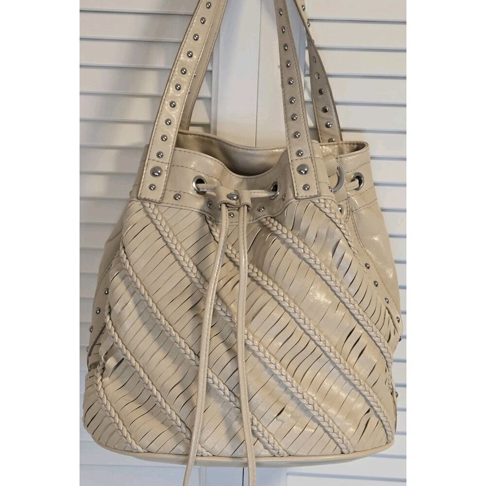 CJ BANKS Ivory Faux Leather Bucket Handbag Studded & Slice Texture Boho Grunge